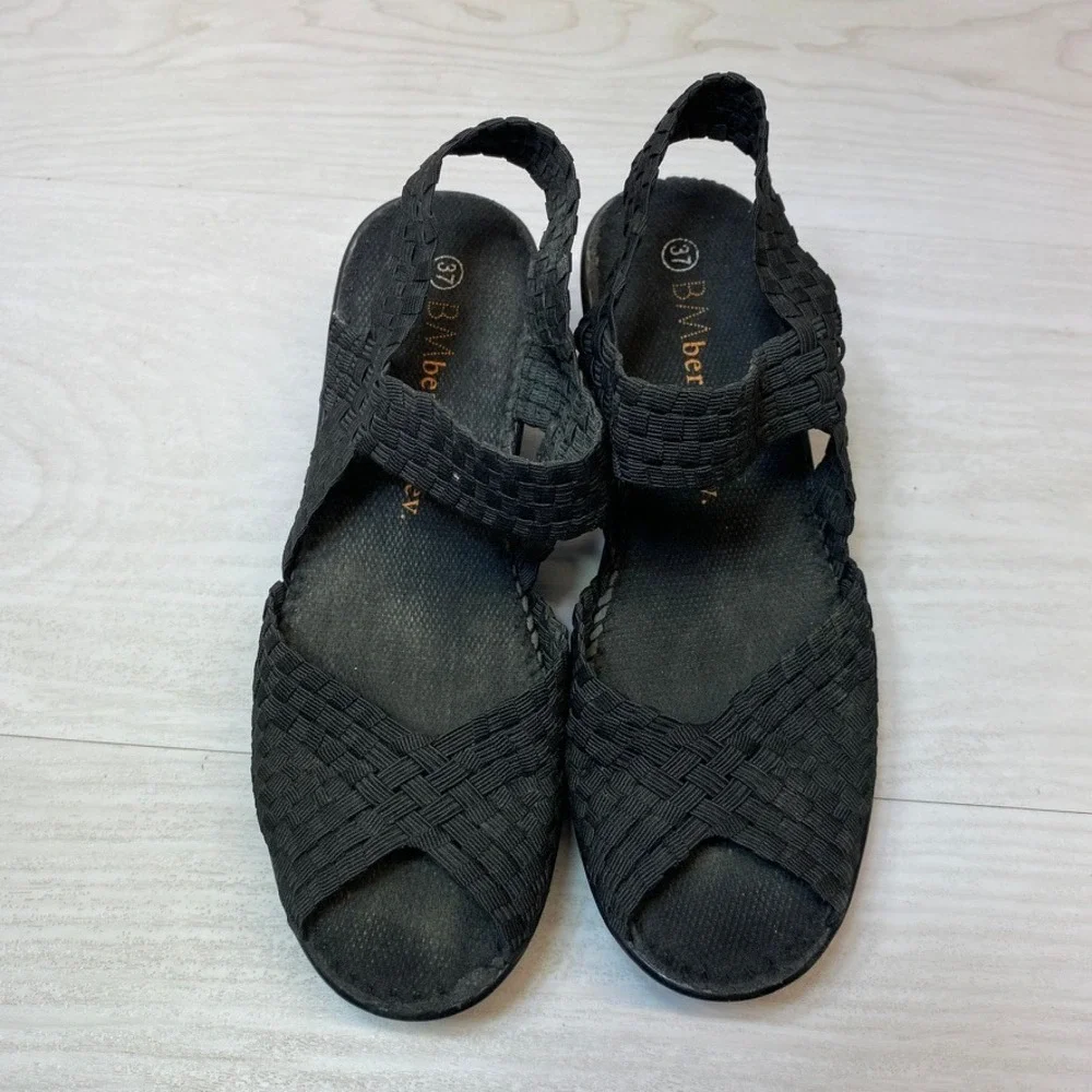 Bernie Mev Womens 37 Wedge Sandals Woven Elastic Platform Black Comfort Walking